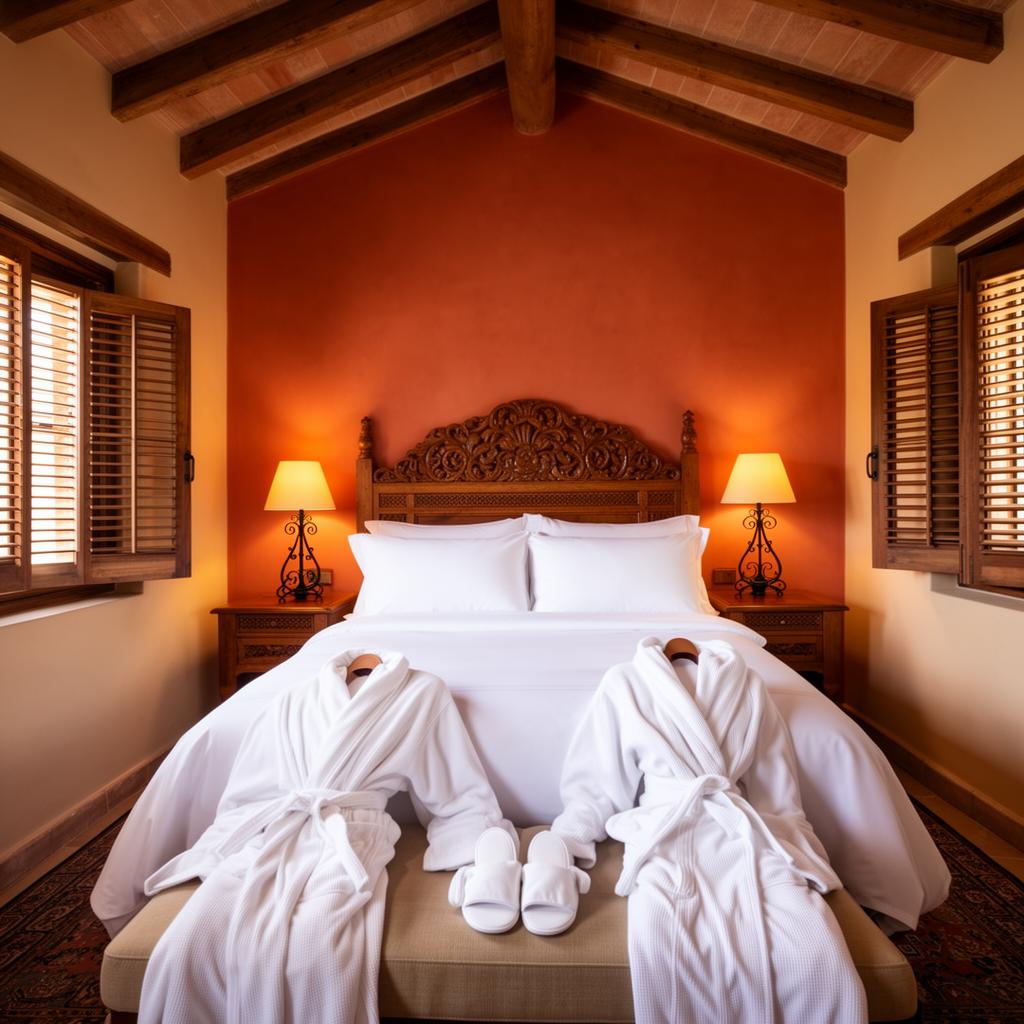 Luxury bedroom with crisp linens and robes